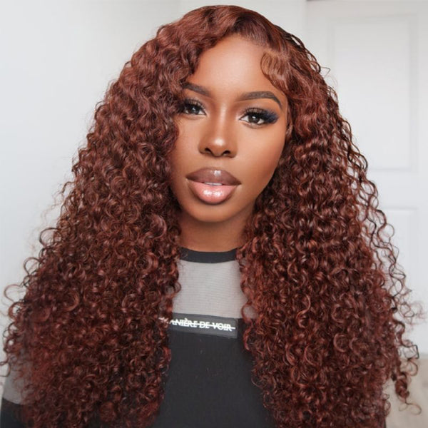 MORE FACE Kinky Curly Wig Reddish Brown 13X4 Transparent Lace Frontal Human Hair Wigs