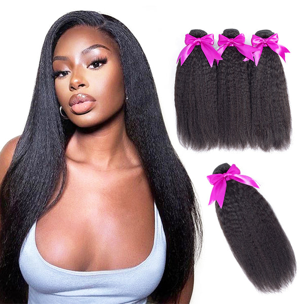 MORE FACE 3PCS Kinky Straight Hair Natural Color 10A Yaki Straight Human Hair Bundles Extensions