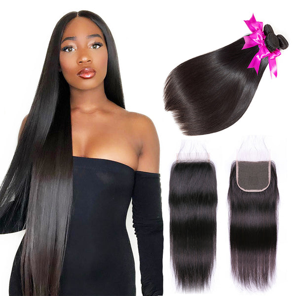 MORE FACE 3PCS Straight Hair With Closure Natural Color Human Hair Bundles With 4x4 Lace Closure