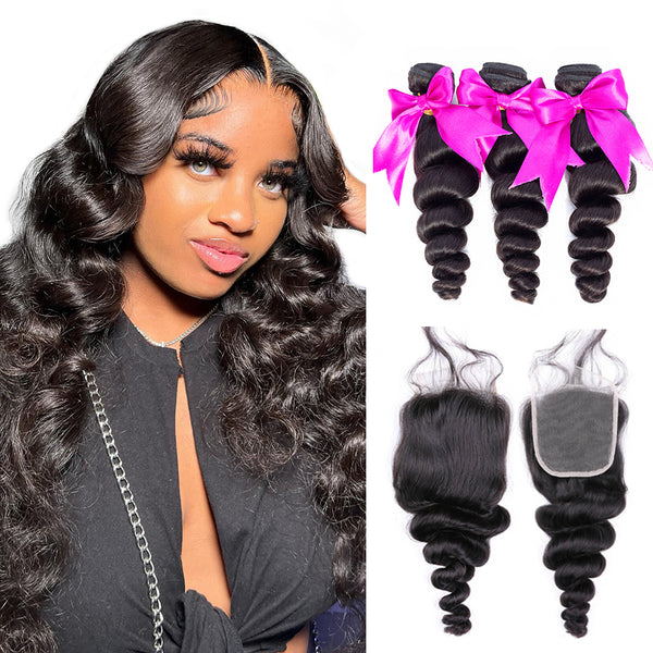 MORE FACE 3PCS Loose Wave With Closure Natural Color Human Hair Bundles With 4x4 Lace Closure