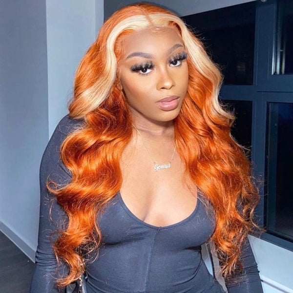 MORE FACE Ginger Wig With Blonde Highlights Preplucked 13x4 Body Wave Lace Frontal Wig