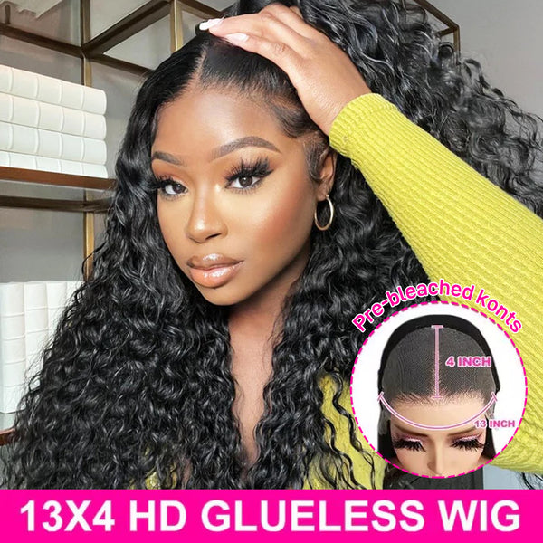 Pre-Bleached Knots 13×4 HD Lace Frontal Wigs Deep Wave Glueless