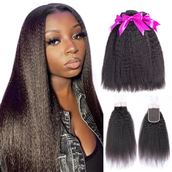 MORE FACE Kinky Straight Hair With Closure 3PCS Human Hair Bundles With 4x4 Lace Closure