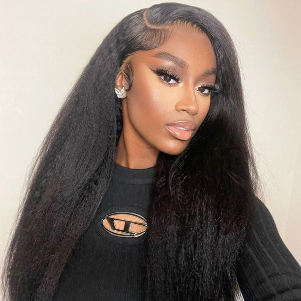 PLUS DE VISAGE 13x4 Kinky Straight HD Lace Front Wig Preplukced Yaki Straight Perruques de cheveux humains pour les femmes