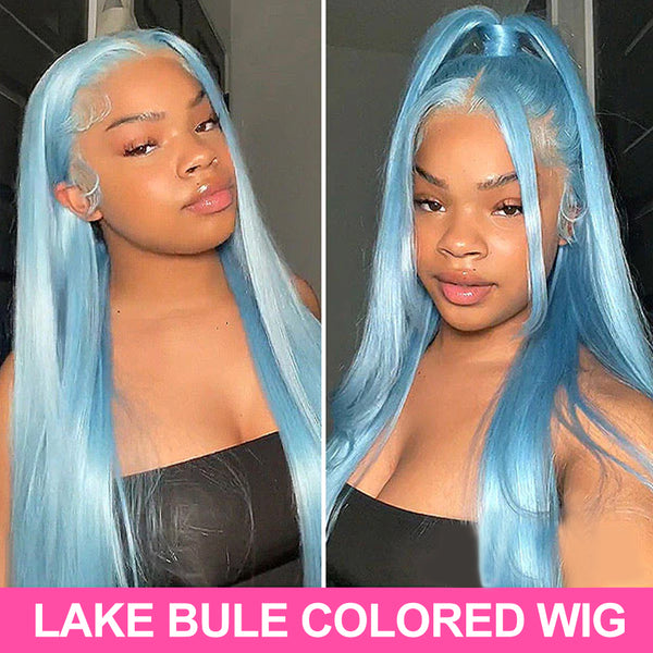 MORE FACE Lake Blue Straight Wig New Fashion Colored Wig Preplucked 13x4 HD Lace Frontal Human Hair Wigs