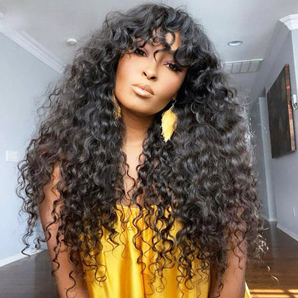 MORE FACE Water Wave Wig With Bangs No Lace Glueless Human Hair Wigs No Glue Need