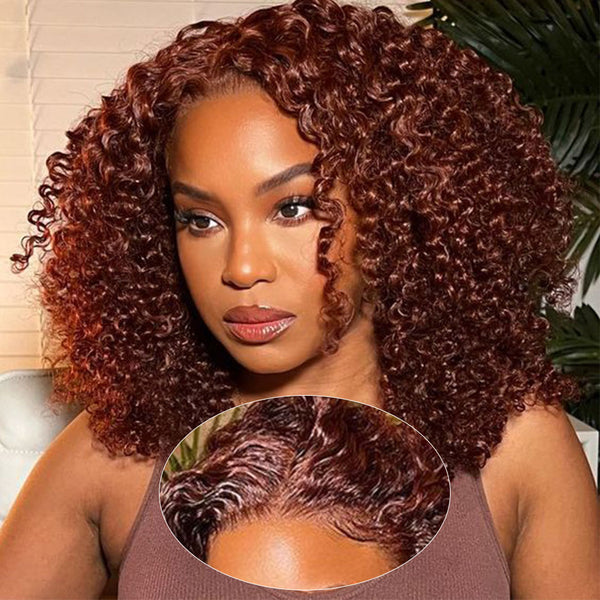 MORE FACE Wear and Go Glueless Wig #33 Reddish Brown Kinky Curly Wig Human Hair Pre Plucked Pre Cut 6*4 Transparent Lace Closure Wigs Natural Hairline