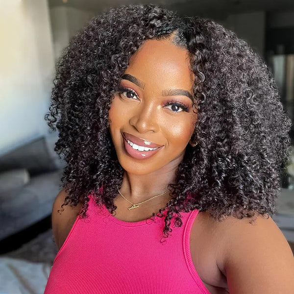 MORE FACE V Part Bob Wig Glueless Kinky Curly Human Hair Wigs With No Leave Out