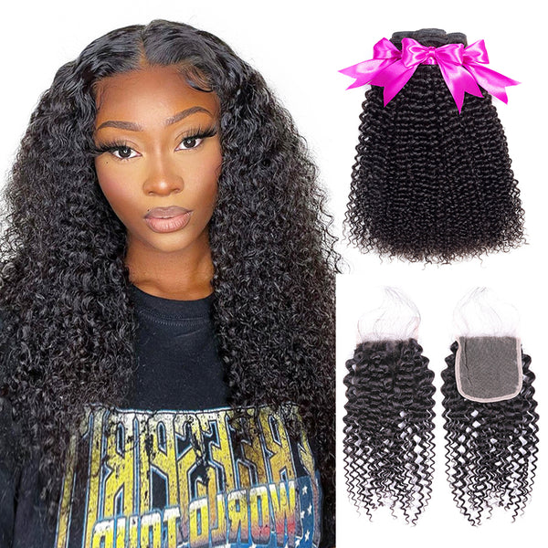 MORE FACE 3PCS Kinky Curly Hair With Closure 100% Human Hair Bundles With 4x4 Lace Closure