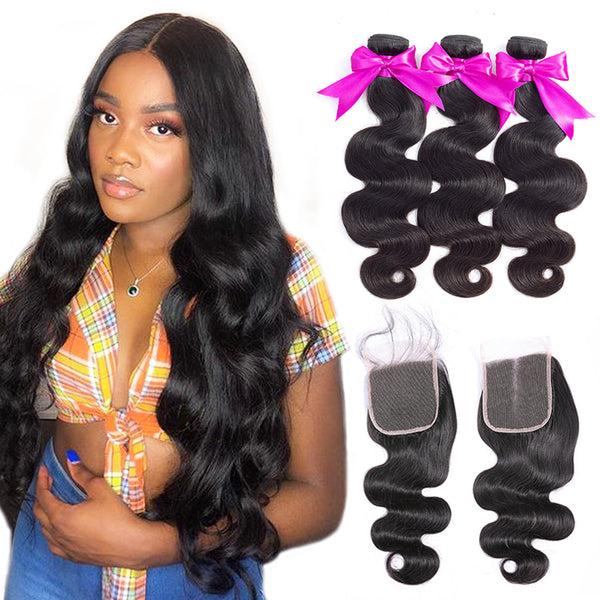 MORE FACE 3PCS Body Wave Hair With Closure 100% Human Hair Bundles With 4x4 Lace Closure